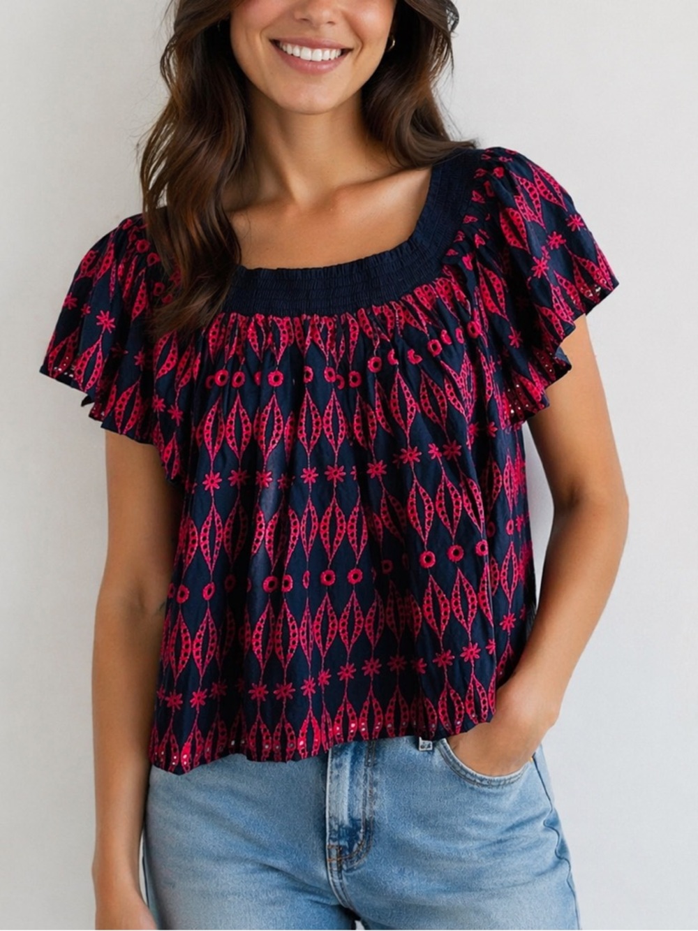 Avara Lydia Navy Pink Embroidered Boho Peasant Flutter Sleeve Top Size Large New